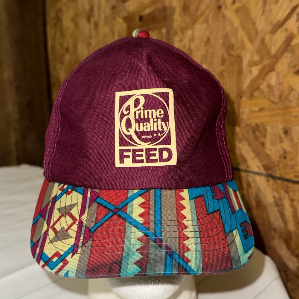 Prime‎ Quality Feed Logo Maroon Hat Aztec Brim Western Country Casual Ball Cap